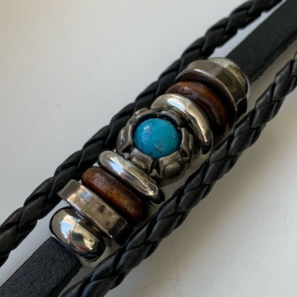 Men’s Black Ibiza Vegan Leather Multi-Strand Cuff Bracelet with Faux Turquoise - Picture 6 of 11